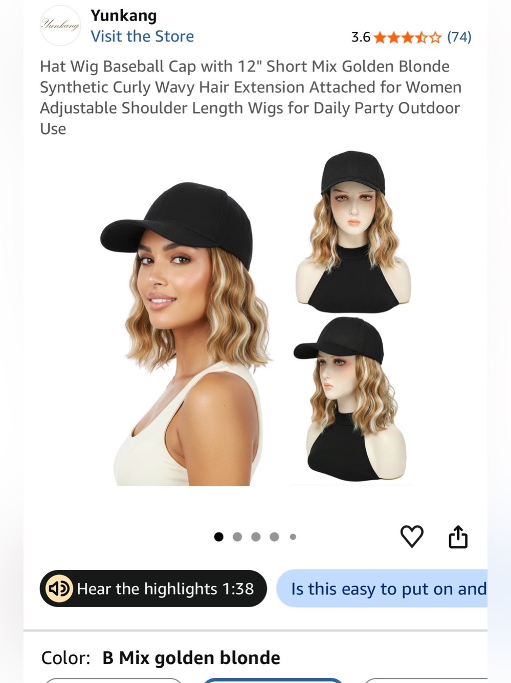 Golden Blonde Mix Wig Baseball Cap - Black Cap with Golden Blonde Hair